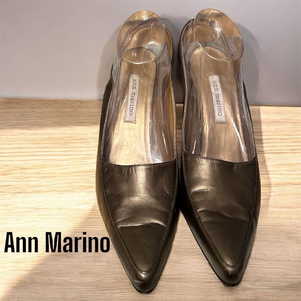 Ann Marino Women Vintage Fine Leather Bronze Slingback Pumps Pointed Toe Heels